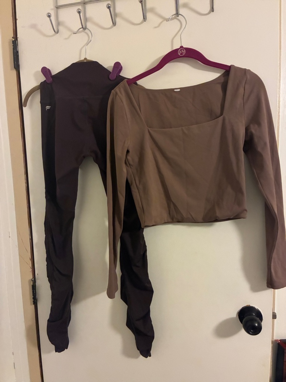 Brown Long Sleeve Square Neck Cropped Top & Leggings Work-out Set